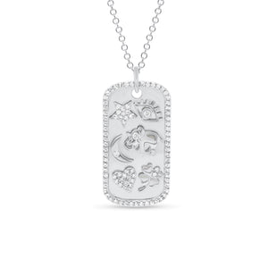 Diamond Lucky Symbols Dog Tag Pendant  - 14K gold weighing 5.18 grams  - 95 round diamonds totaling 0.21 carats