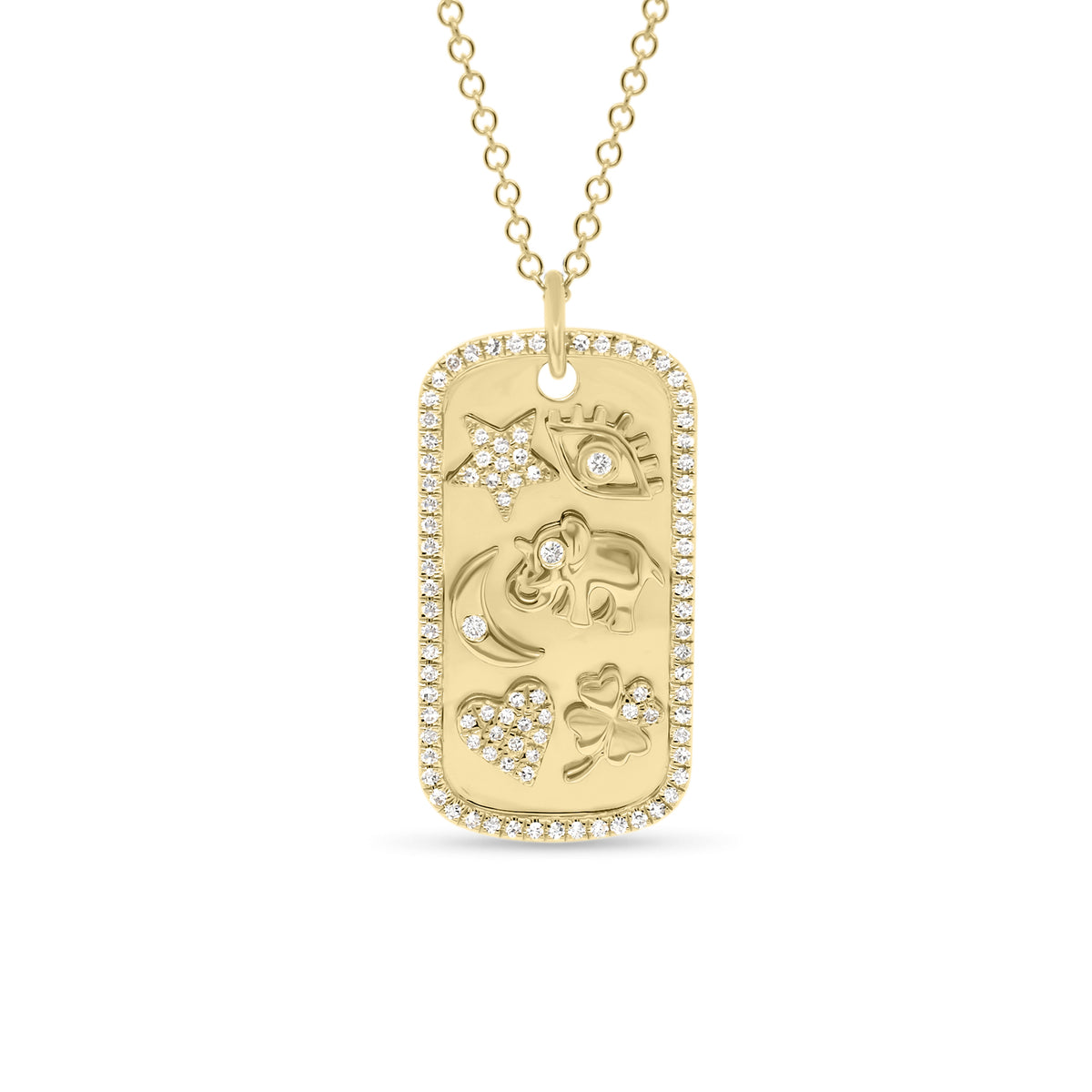 Diamond Lucky Symbols Dog Tag Pendant  - 14K gold weighing 5.18 grams  - 95 round diamonds totaling 0.21 carats