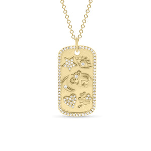 Diamond Lucky Symbols Dog Tag Pendant  - 14K gold weighing 5.18 grams  - 95 round diamonds totaling 0.21 carats