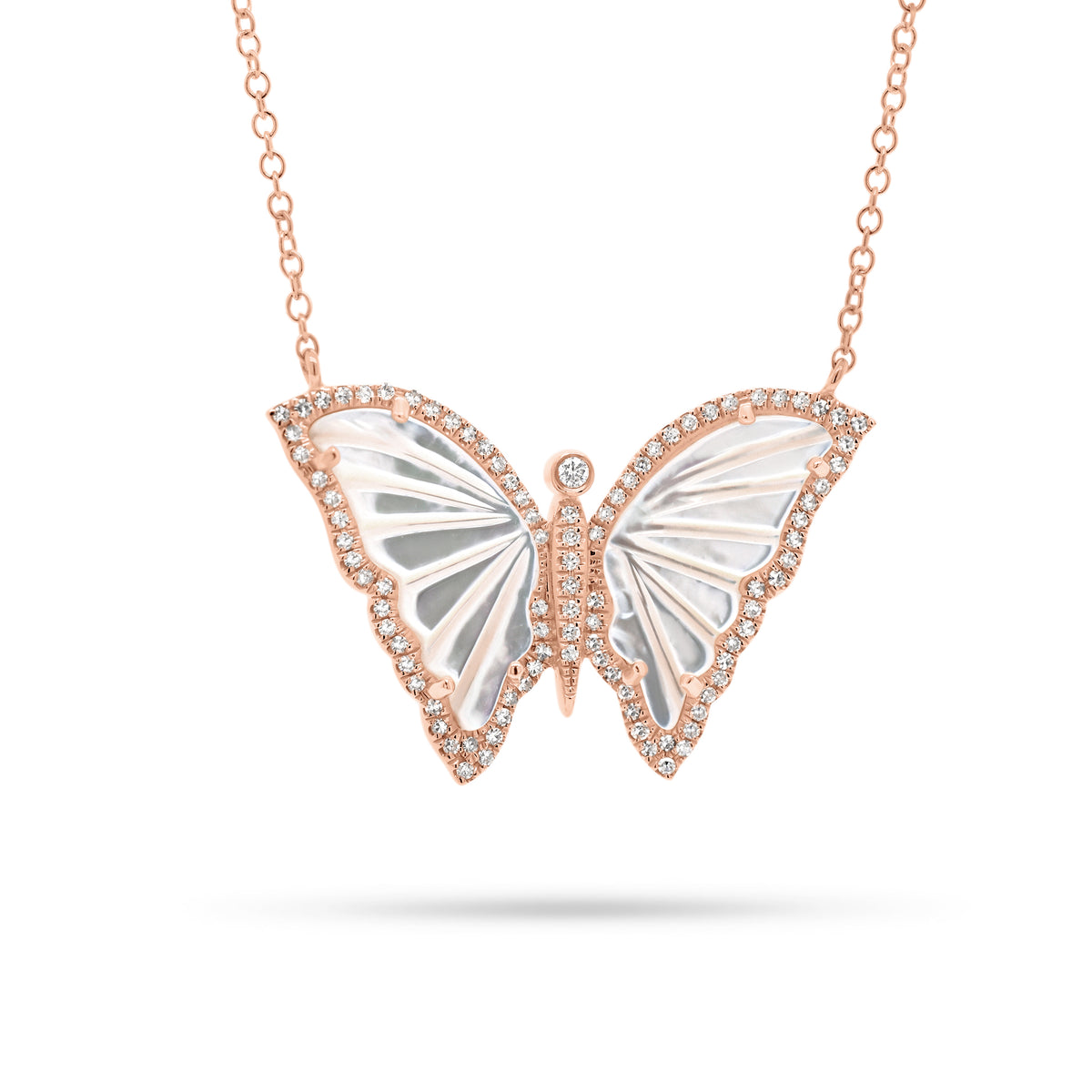 Mother of Pearl & Diamond Butterfly Pendant  - 14K gold weighing 3.10 grams  - 96 round diamonds totaling 0.22 carats  - 2 Mother of Pearl slices