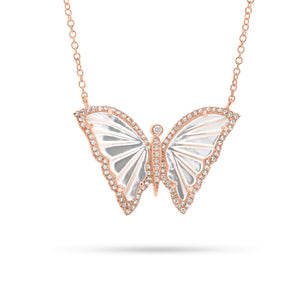 Mother of Pearl & Diamond Butterfly Pendant  - 14K gold weighing 3.10 grams  - 96 round diamonds totaling 0.22 carats  - 2 Mother of Pearl slices