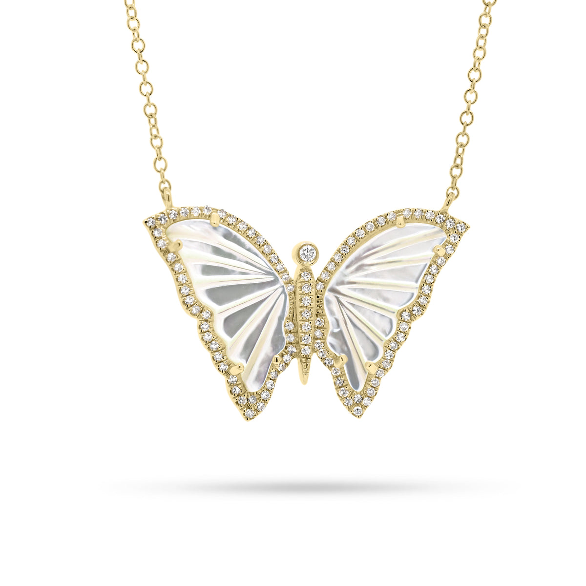 Mother of Pearl & Diamond Butterfly Pendant  - 14K gold weighing 3.10 grams  - 96 round diamonds totaling 0.22 carats  - 2 Mother of Pearl slices