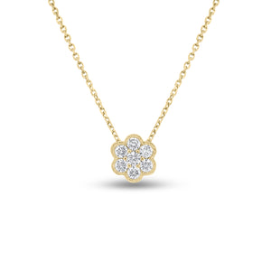 Diamond Flower Cluster Pendant  - 18K gold weighing 1.34 grams  - 14K gold weighing 1.90 grams  - 7 round diamonds totaling 0.63 carats