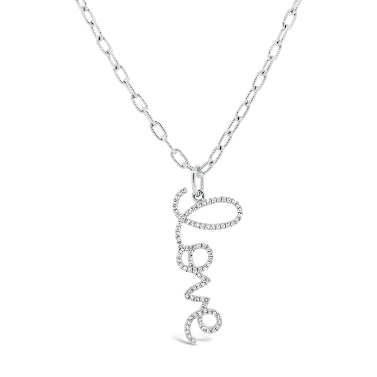 Large Diamond ‘Love’ Script Pendant  -14k white gold weighing 1.52 grams  -90 round diamonds totaling 0.21 carats 