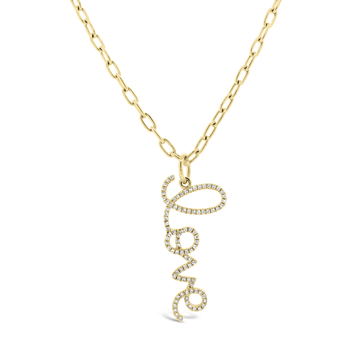 Large Diamond ‘Love’ Script Pendant  -14k yellow gold weighing 1.52 grams  -90 round diamonds totaling 0.21 carats