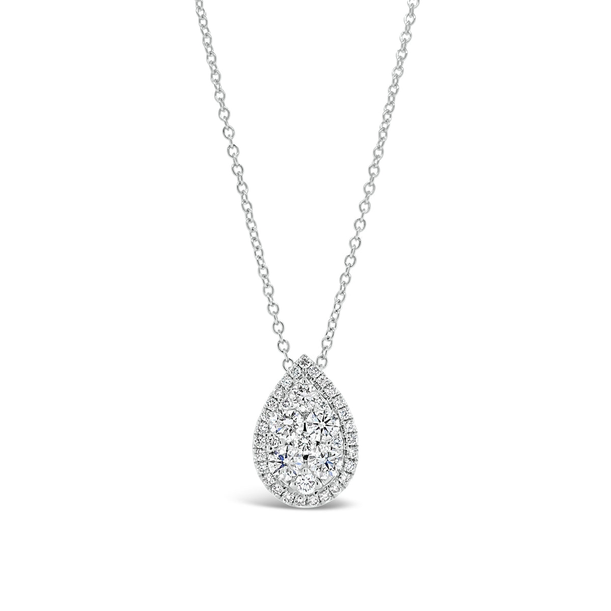 Diamond Teardrop Pendant  - 18K gold weighing 3.71 grams  - 39 round diamonds totaling 0.93 carats