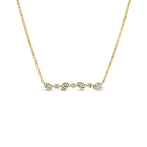Diamond Teardrops & Circles Bar Pendant  - 18K gold weighing 3.25 grams  - 11 round diamonds totaling 0.25 carats