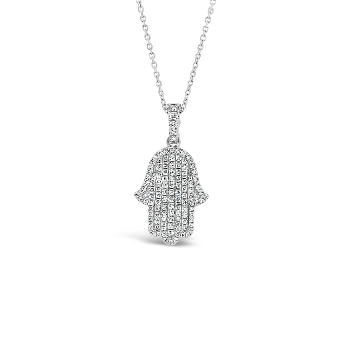 Pave Diamond Hamsa Pendant  - 18K gold weighing 2.26 grams  - 14K gold weighing 2.20 grams  - 121 round diamonds totaling 0.50 carats