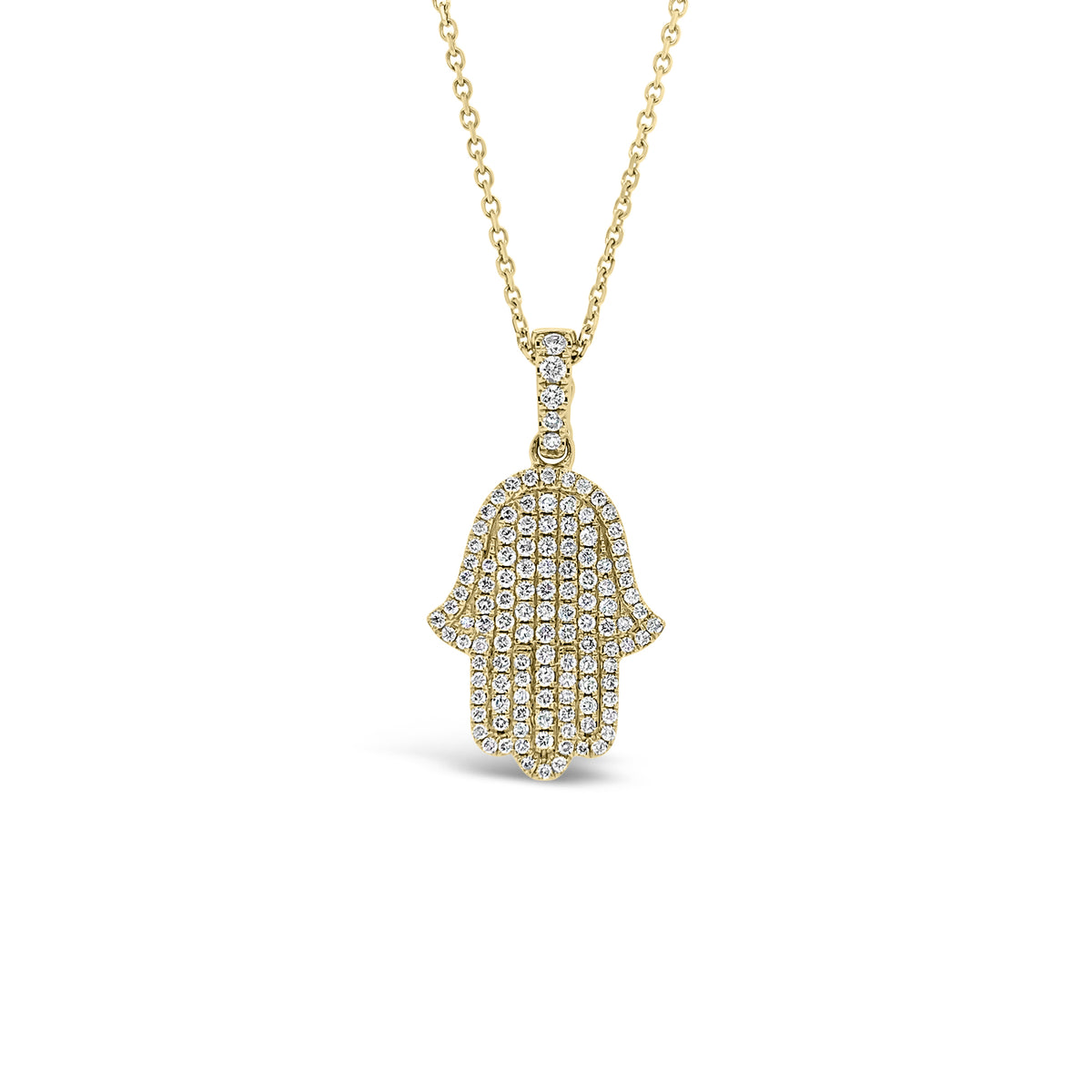 Pave Diamond Hamsa Pendant  - 18K gold weighing 2.26 grams  - 14K gold weighing 2.20 grams  - 121 round diamonds totaling 0.50 carats