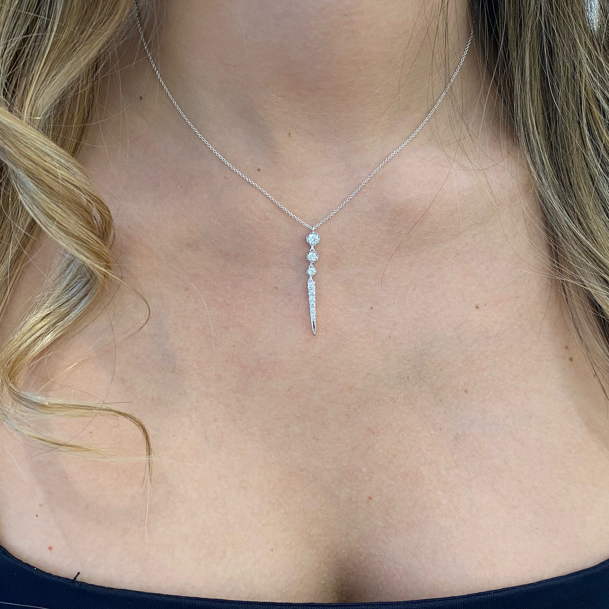 Female Model Wearing Diamond Trio Spike Pendant  - 14K gold  - diamonds totaling 0.42 carats