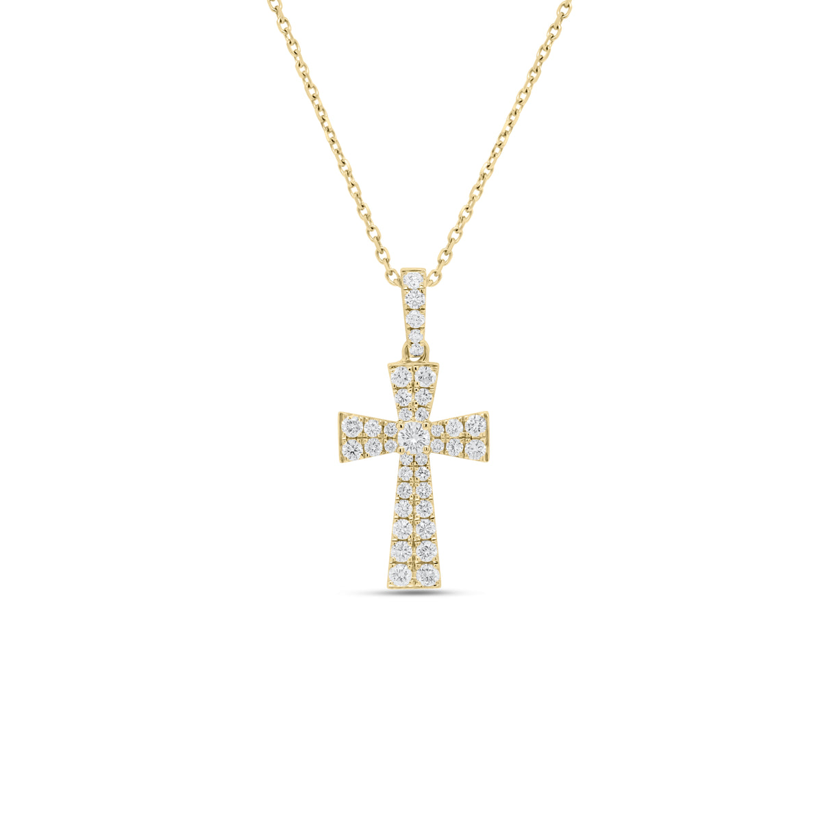 Diamond Flared Cross Pendant  - 18K gold weighing 1.67 grams  - 14K gold weighing 1.60 grams  - 38 round diamonds totaling 0.49 carats