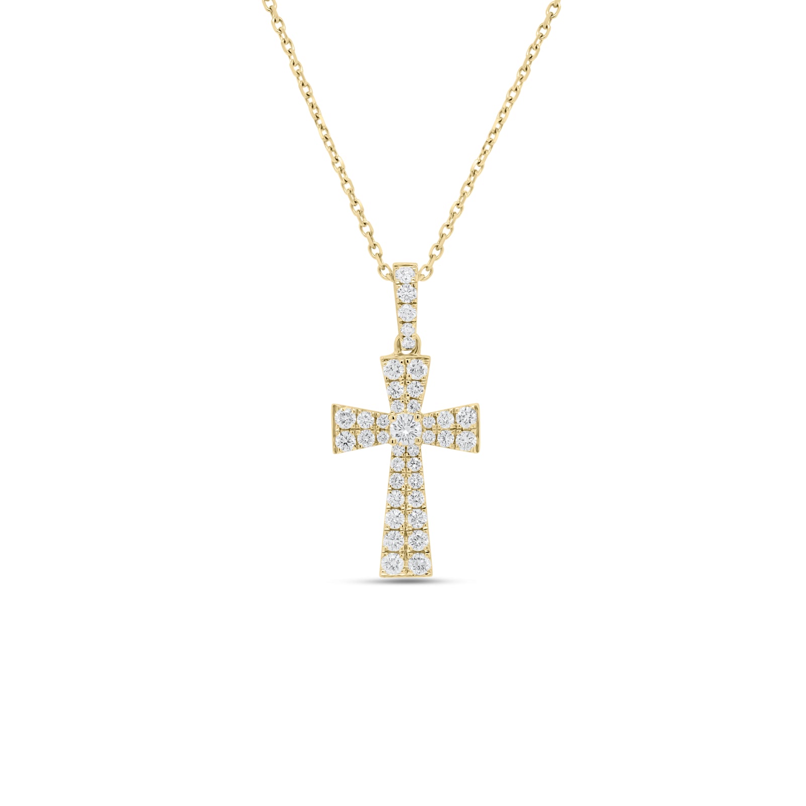 Diamond Flared Cross Pendant  - 18K gold weighing 1.67 grams  - 14K gold weighing 1.60 grams  - 38 round diamonds totaling 0.49 carats
