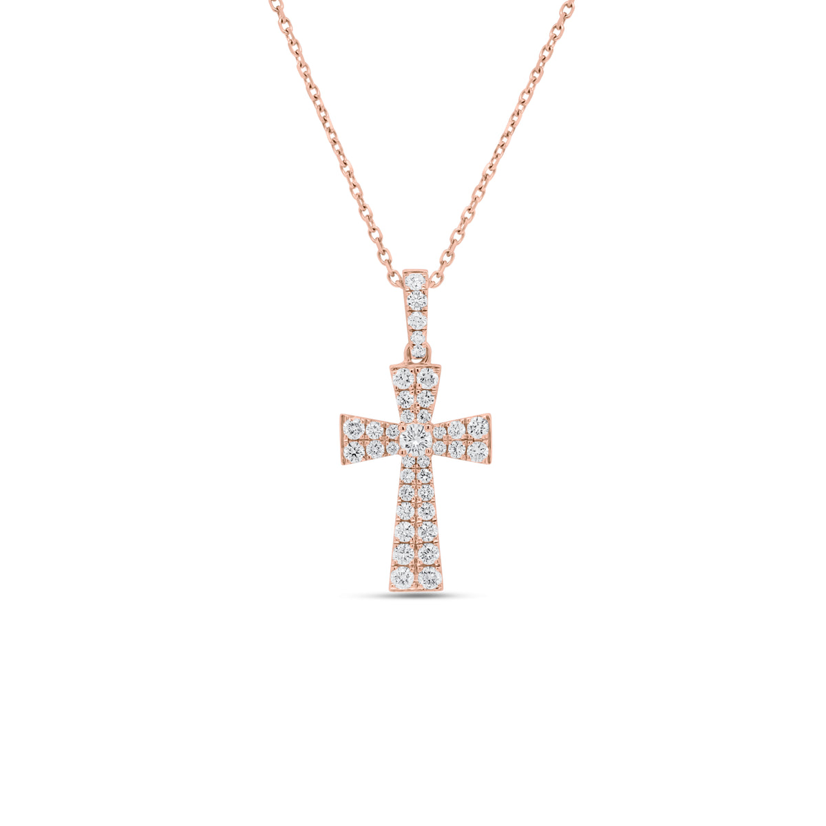 Diamond Flared Cross Pendant  - 18K gold weighing 1.67 grams  - 14K gold weighing 1.60 grams  - 38 round diamonds totaling 0.49 carats
