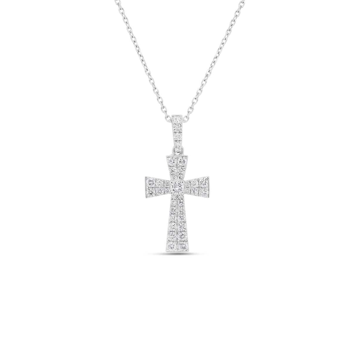 Diamond Flared Cross Pendant  - 18K gold weighing 1.67 grams  - 14K gold weighing 1.60 grams  - 38 round diamonds totaling 0.49 carats