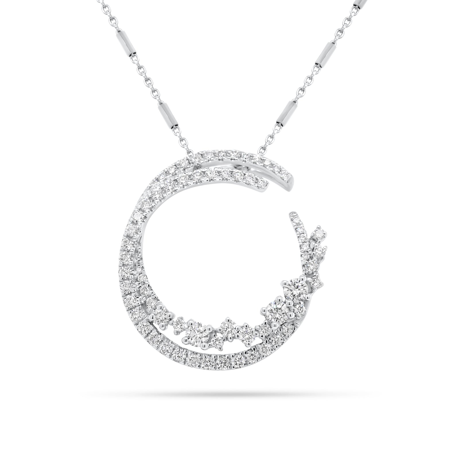 Diamond Overlapping Circles Pendant  - 18K gold weighing 2.64 grams  - 14K gold weighing 1.90 grams  - 66 round diamonds totaling 0.65 carats
