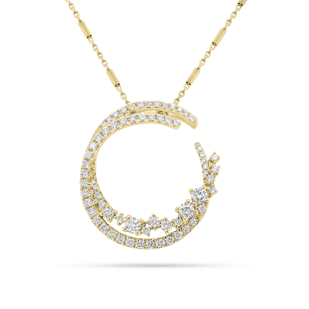 Diamond Overlapping Circles Pendant  - 18K gold weighing 2.64 grams  - 14K gold weighing 1.90 grams  - 66 round diamonds totaling 0.65 carats