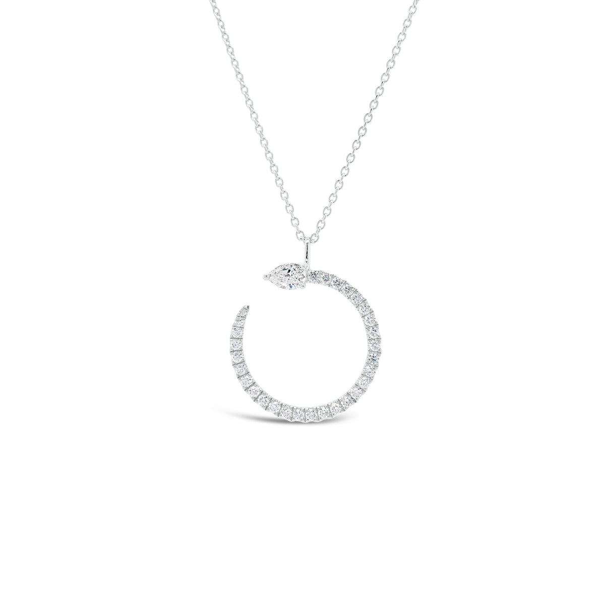 Diamond Open Circle Pendant Necklace with Pear-Shaped Diamond  -14K gold weighing 3.20 grams  - 29 round diamonds totaling 0.33  - 1 Pear diamond totaling 0.22