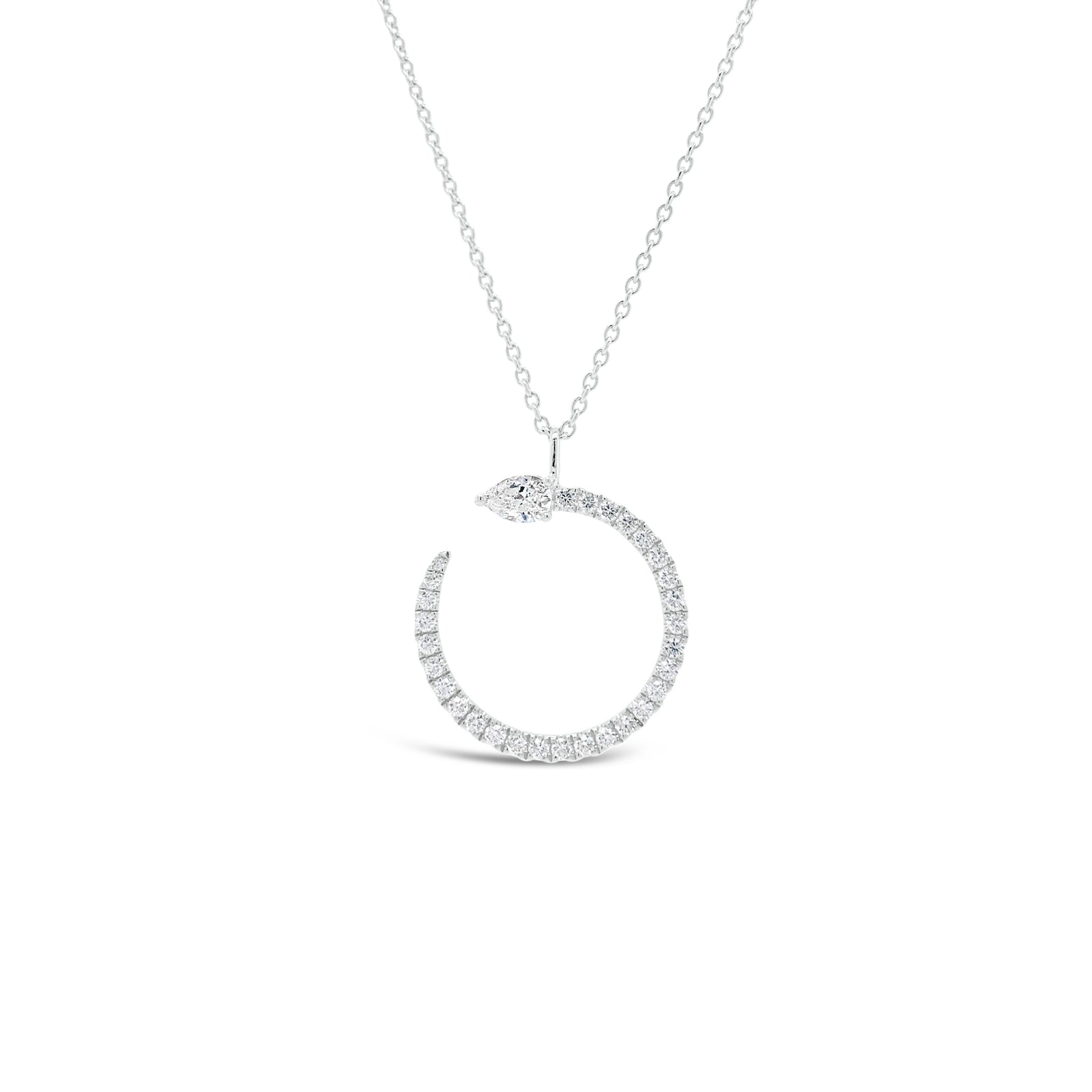 Diamond Open Circle Pendant Necklace with Pear-Shaped Diamond  -14K gold weighing 3.20 grams  - 29 round diamonds totaling 0.33  - 1 Pear diamond totaling 0.22