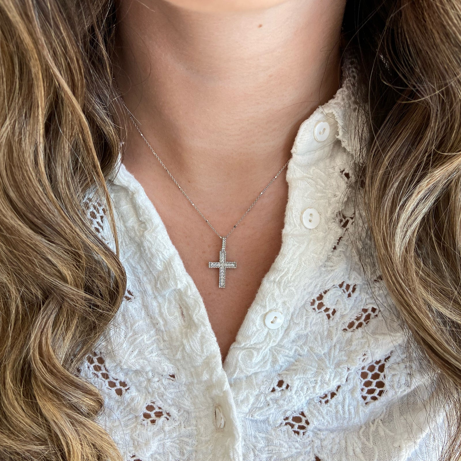 Diamond and Beaded Gold Cross Pendant - - 14K gold weighing 3.5 grams  - 16 round diamonds weighing 0.24 carats