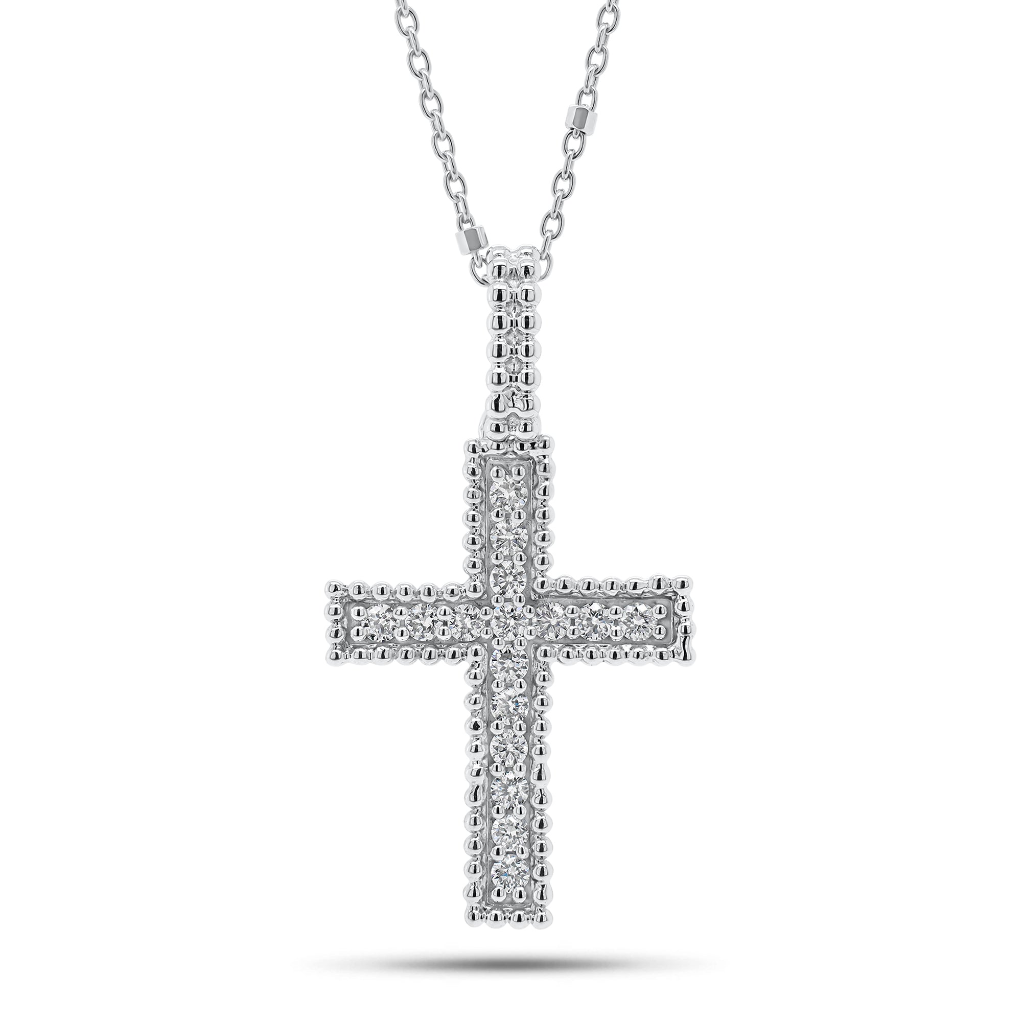 Diamond and Beaded Gold Cross Pendant - - 14K gold weighing 3.5 grams  - 16 round diamonds weighing 0.24 carats