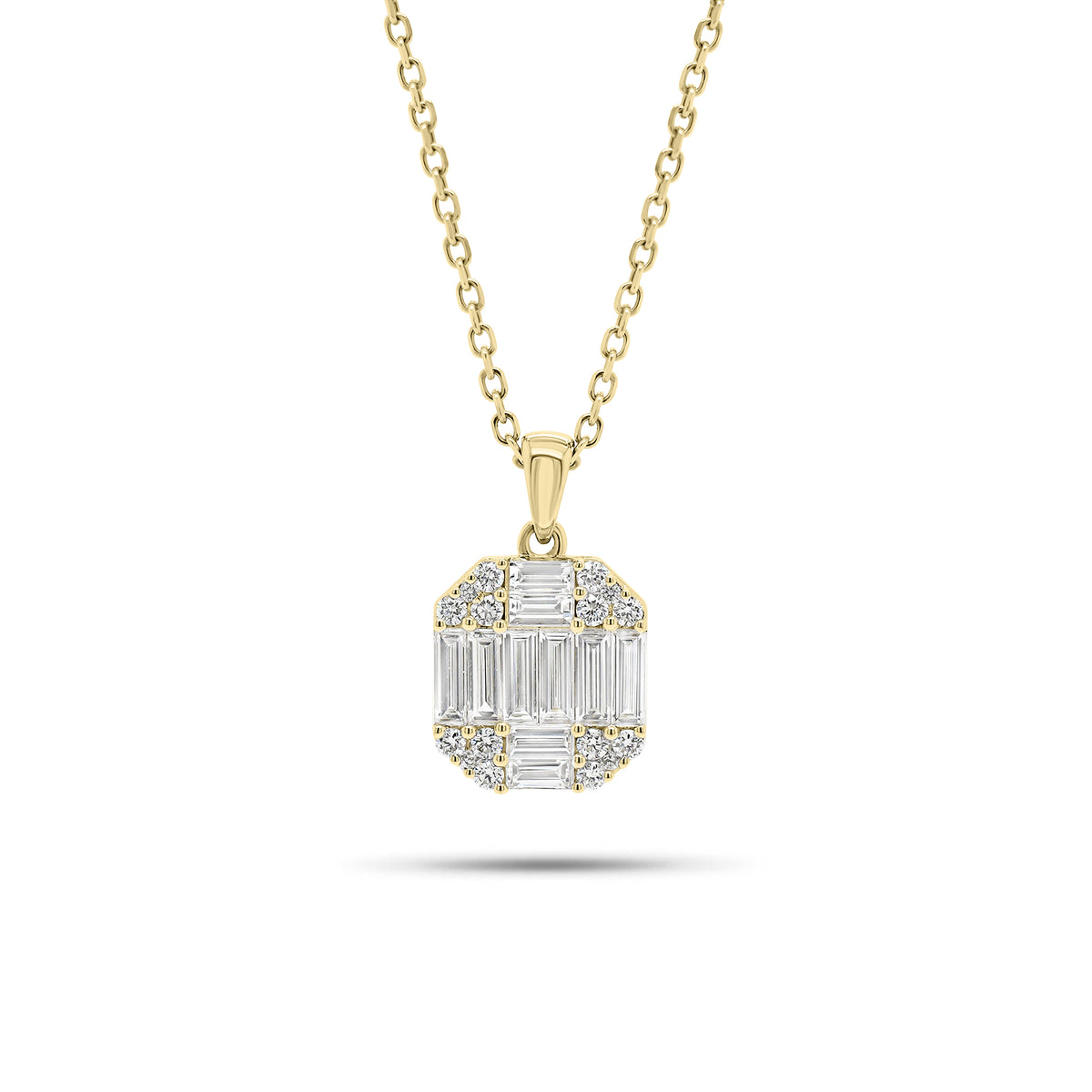 Baguette and round diamond octagon pendant - 14K gold weighing 4.0 grams - 16 round diamonds weighing 0.21 carats - 10 slim baguettes weighing 0.84 carats
