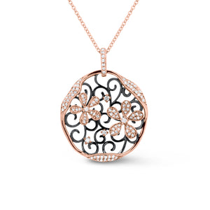 Diamond Blossoming Flowers Cutout Pendant - 14K rose gold weighing 5.30 grams - 102 round diamonds totaling 0.38 carats