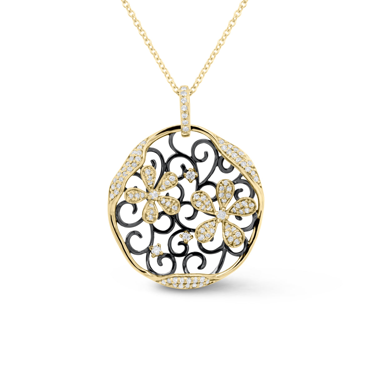 Diamond Blossoming Flowers Cutout Pendant - 14K yellow gold weighing 5.30 grams - 102 round diamonds totaling 0.38 carats