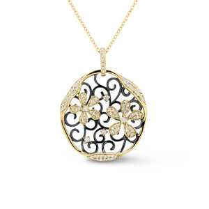 Diamond Blossoming Flowers Cutout Pendant - 14K yellow gold weighing 5.30 grams - 102 round diamonds totaling 0.38 carats
