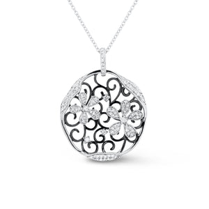 Diamond Blossoming Flowers Cutout Pendant - 14K white gold weighing 5.30 grams - 102 round diamonds totaling 0.38 carats