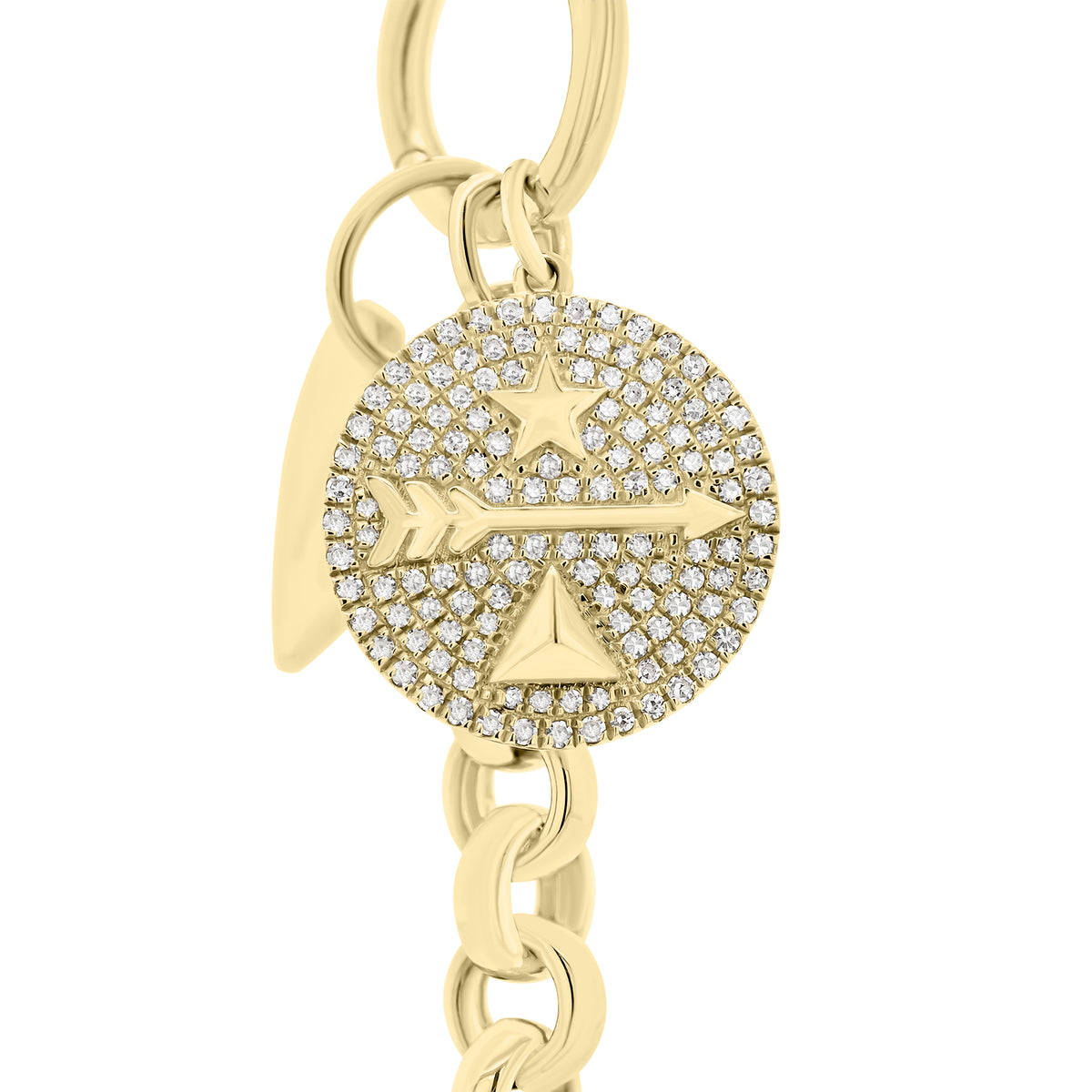 Pave Diamond Arrow, Star & Pyramid Disc Pendant - 14K yellow gold weighing 2.09 grams  - 128 round diamonds weighing 0.36 carats