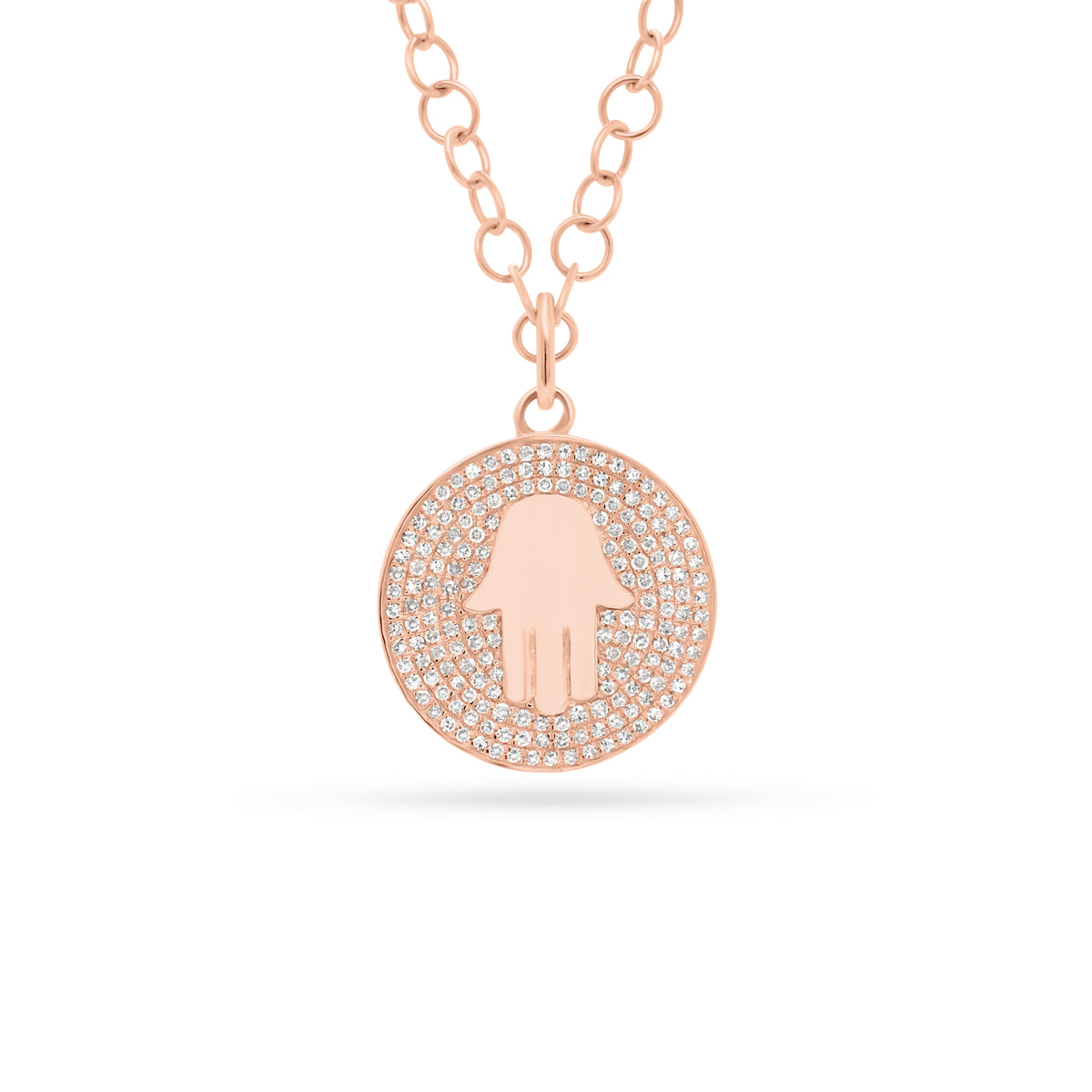 Diamond Hamsa Disc Pendant  - 14K gold weighing 3.14 grams  - 178 round diamonds totaling 0.41 carats