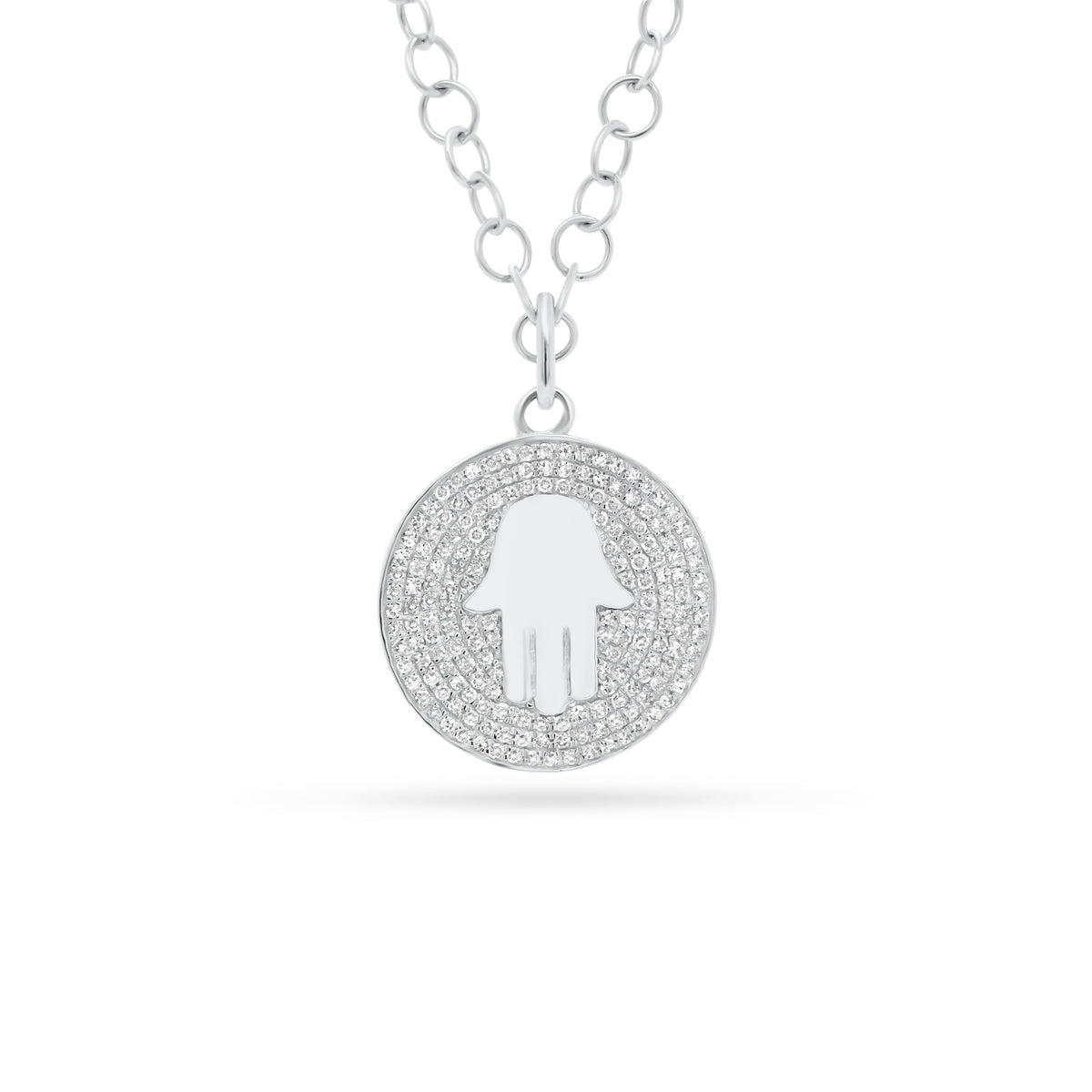 Diamond Hamsa Disc Pendant  - 14K gold weighing 3.14 grams  - 178 round diamonds totaling 0.41 carats