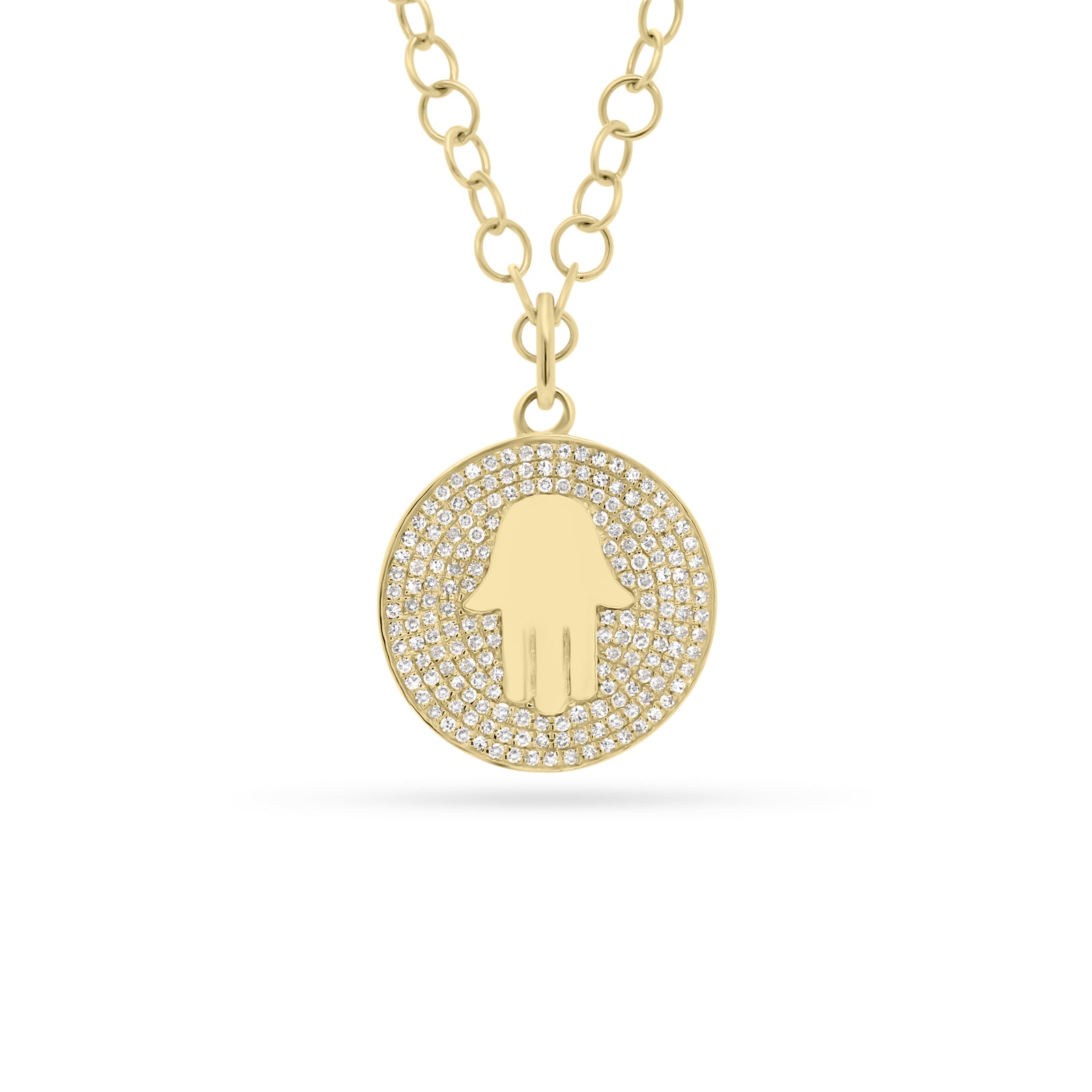 Diamond Hamsa Disc Pendant  - 14K gold weighing 3.14 grams  - 178 round diamonds totaling 0.41 carats