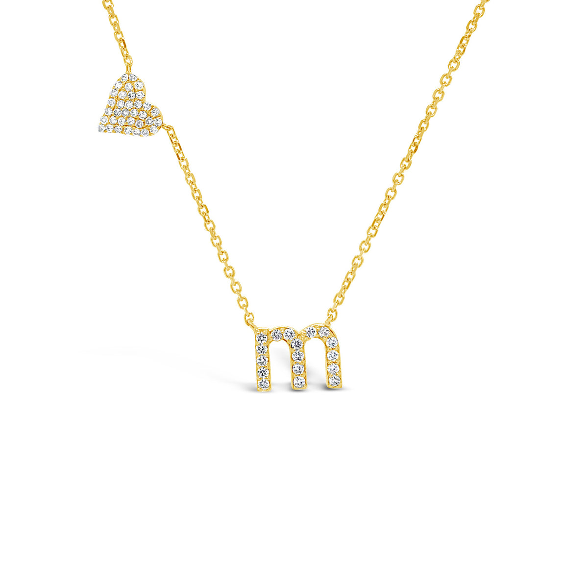 Diamond mini lowercase initial necklace -14k gold 1.8 grams  -10 round prong-set diamonds .08 carats (varies per letter)  - Chain measures 16"  -Letter width 6 millimeters, length 7 millimeters.