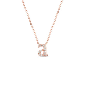Diamond mini lowercase initial necklace -14k gold 1.8 grams  -10 round prong-set diamonds .08 carats (varies per letter)  - Chain measures 16"  -Letter width 6 millimeters, length 7 millimeters.