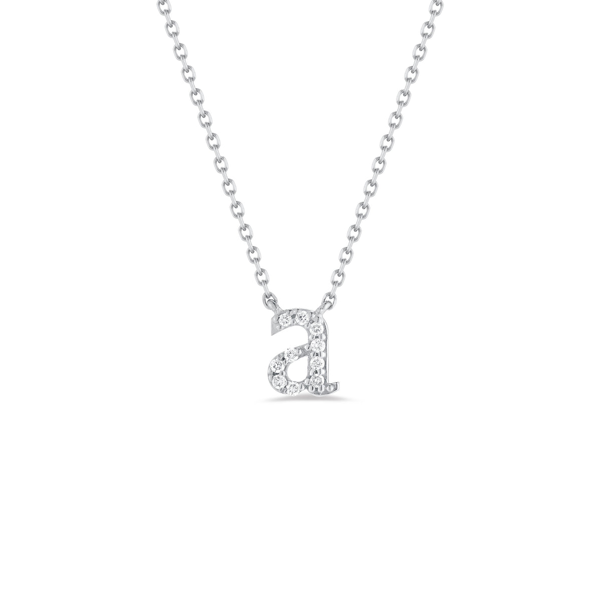 Diamond mini lowercase initial necklace -14k gold 1.8 grams  -10 round prong-set diamonds .08 carats (varies per letter)  - Chain measures 16"  -Letter width 6 millimeters, length 7 millimeters.