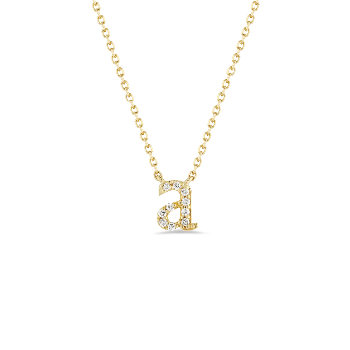 Diamond mini lowercase initial necklace -14k gold 1.8 grams  -10 round prong-set diamonds .08 carats (varies per letter)  - Chain measures 16"  -Letter width 6 millimeters, length 7 millimeters.