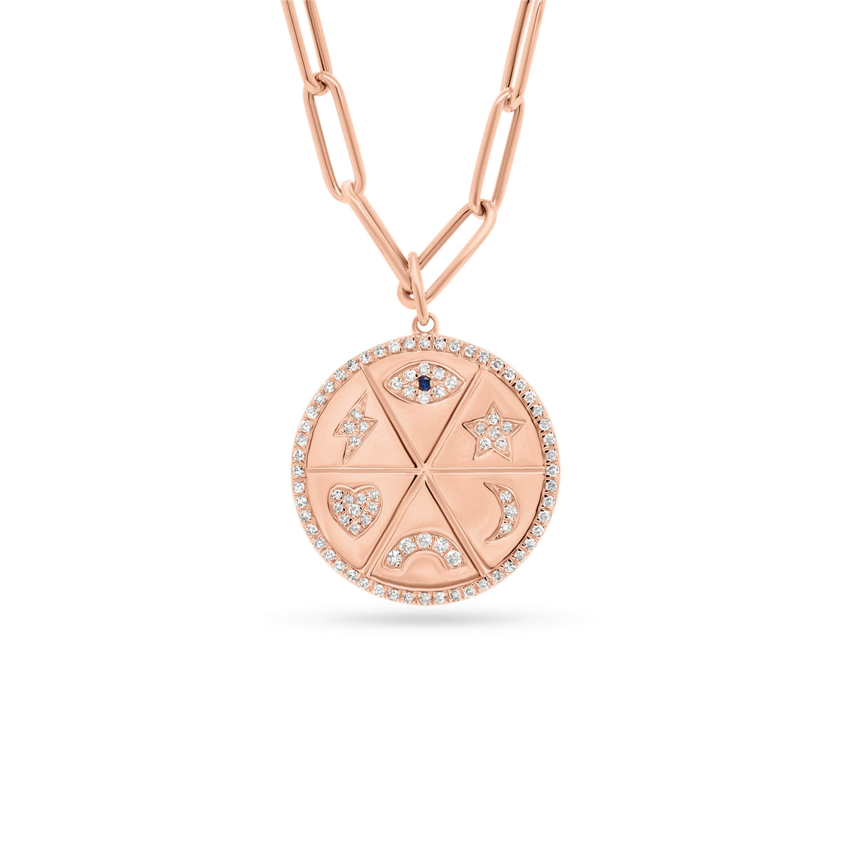 Diamond Good Vibes Medallion Necklace  - 14K gold weighing 3.18 grams  - 88 round diamonds totaling 0.24 carats