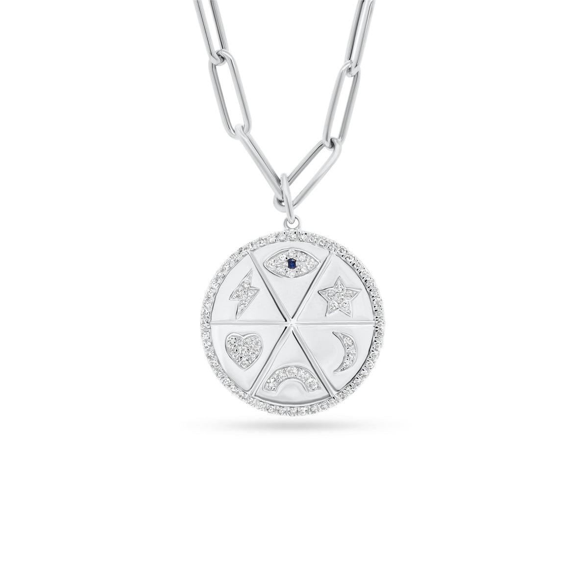 Diamond Good Vibes Medallion Necklace  - 14K gold weighing 3.18 grams  - 88 round diamonds totaling 0.24 carats
