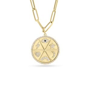 Diamond Good Vibes Medallion Necklace  - 14K gold weighing 3.18 grams  - 88 round diamonds totaling 0.24 carats