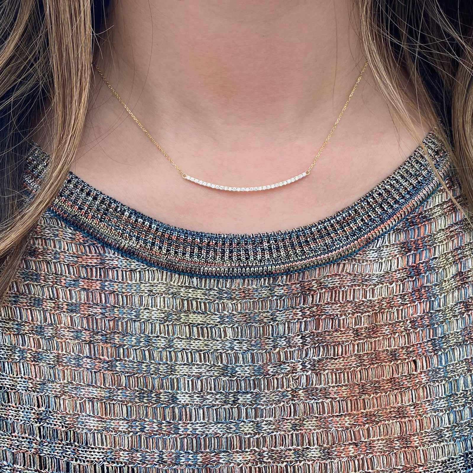 Diamond Curved Bar Necklace - 14K yellow gold weighing 3.20 grams - 29 round diamonds totaling 0.43 carats