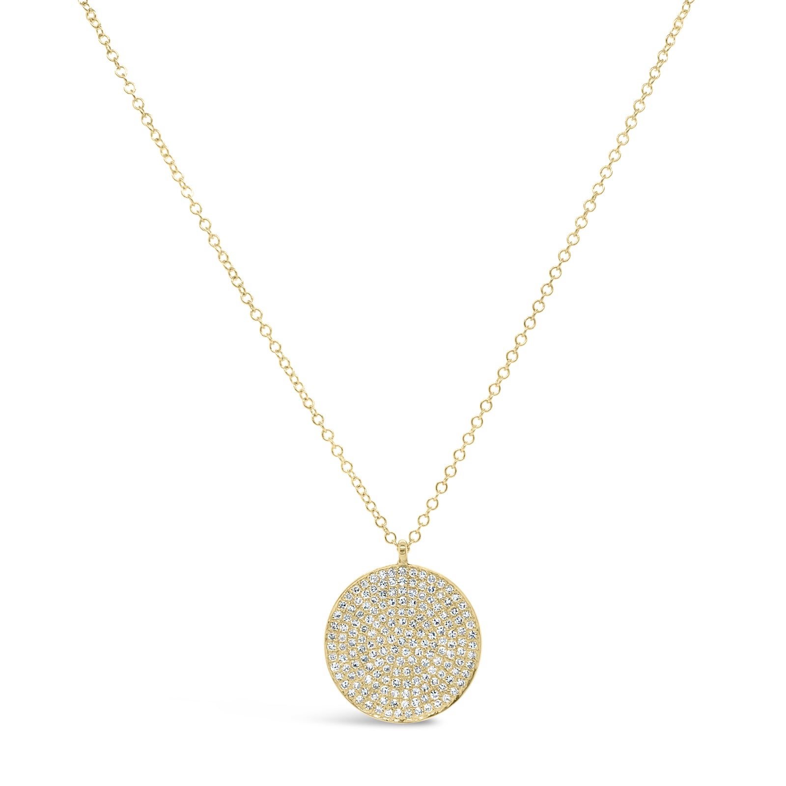 Large Diamond Disc Pendant  - 14K gold weighing 2.60 grams.  - 174 round diamonds totaling 0.55 carats.