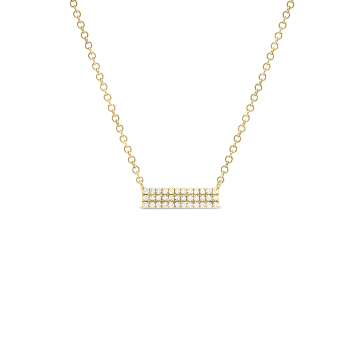 Gold Pave Mini Diamond Bar Necklace  -14k gold weighing 1.62 grams  -36 round prong set diamonds weighing 0.10 carats