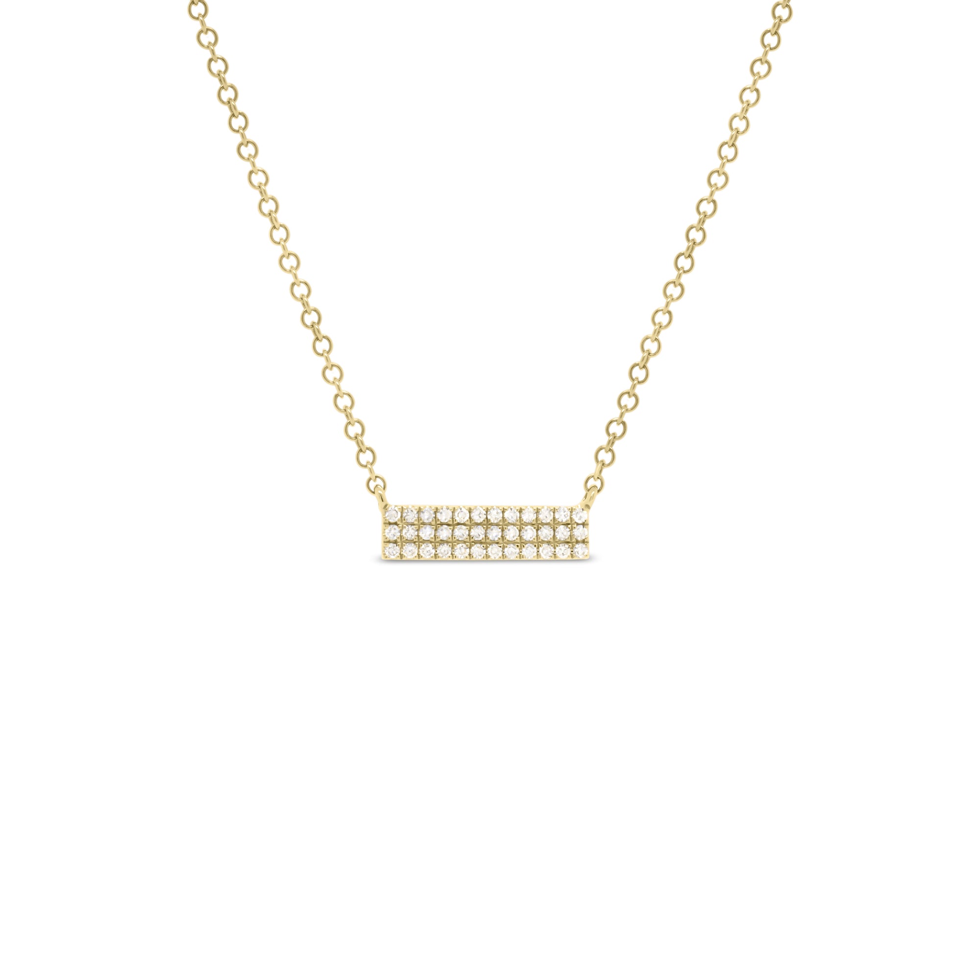 Gold Pave Mini Diamond Bar Necklace  -14k gold weighing 1.62 grams  -36 round prong set diamonds weighing 0.10 carats