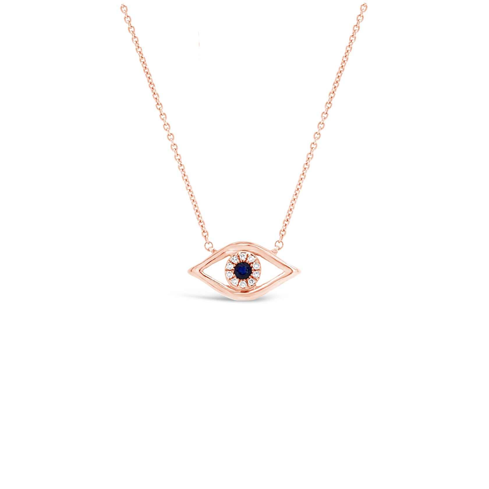Diamond & Sapphire Evil-Eye Pendant Necklace -14K yellow gold weighing 1.93 grams - 10 round diamonds totaling .04 carats - 1 sapphire weighing .07 carats.