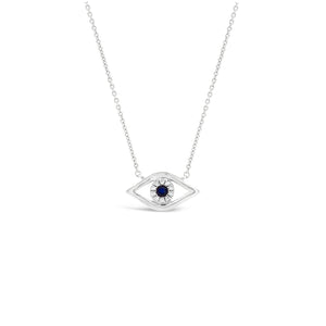 Diamond & Sapphire Evil-Eye Pendant Necklace -14K white gold weighing 1.93 grams - 10 round diamonds totaling .04 carats - 1 sapphire weighing .07 carats.