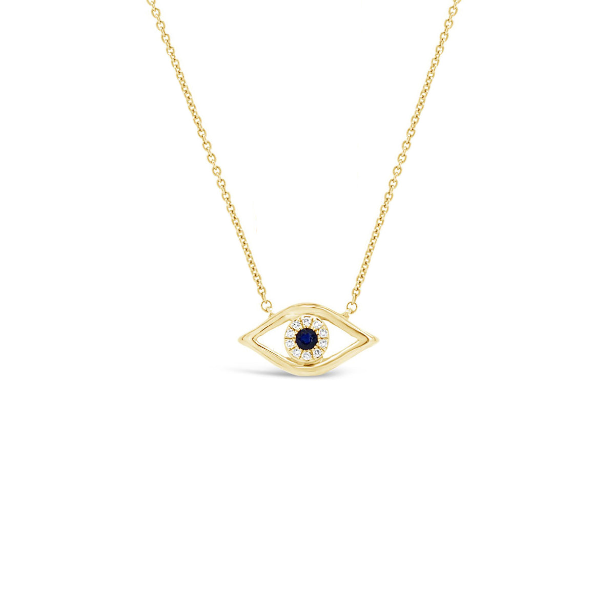 Diamond & Sapphire Evil-Eye Pendant Necklace -14K yellow gold weighing 1.93 grams - 10 round diamonds totaling .04 carats - 1 sapphire weighing .07 carats.