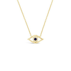 Diamond & Sapphire Evil-Eye Pendant Necklace -14K yellow gold weighing 1.93 grams - 10 round diamonds totaling .04 carats - 1 sapphire weighing .07 carats.