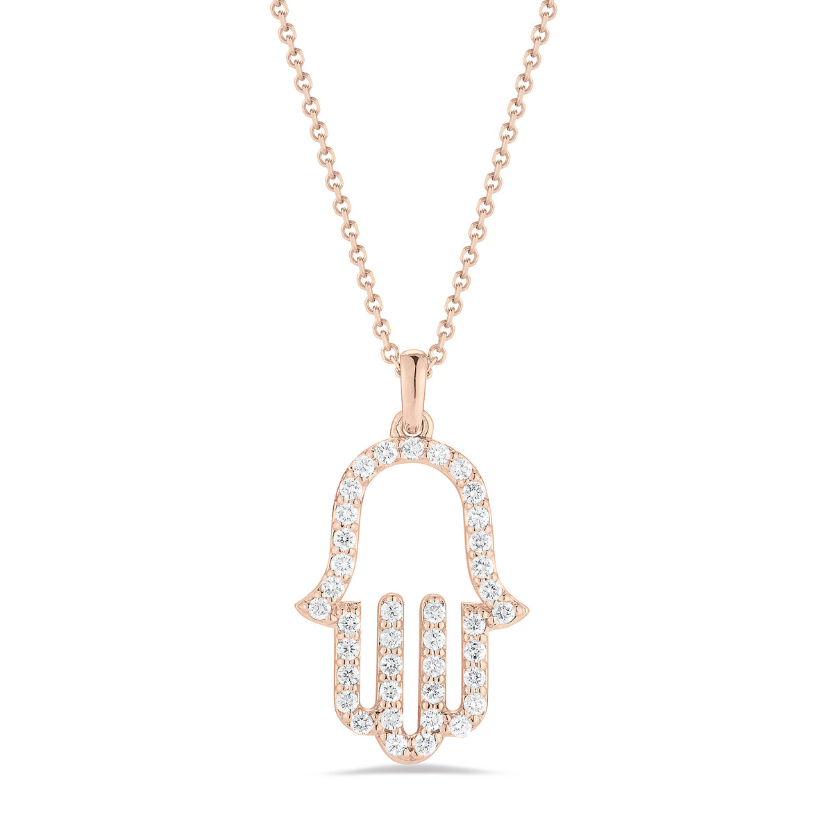 Diamond Hamsa Pendant Necklace     -14K gold weighing 3.5 grams  -39 round shared prong-set diamonds totaling 0.40 carats