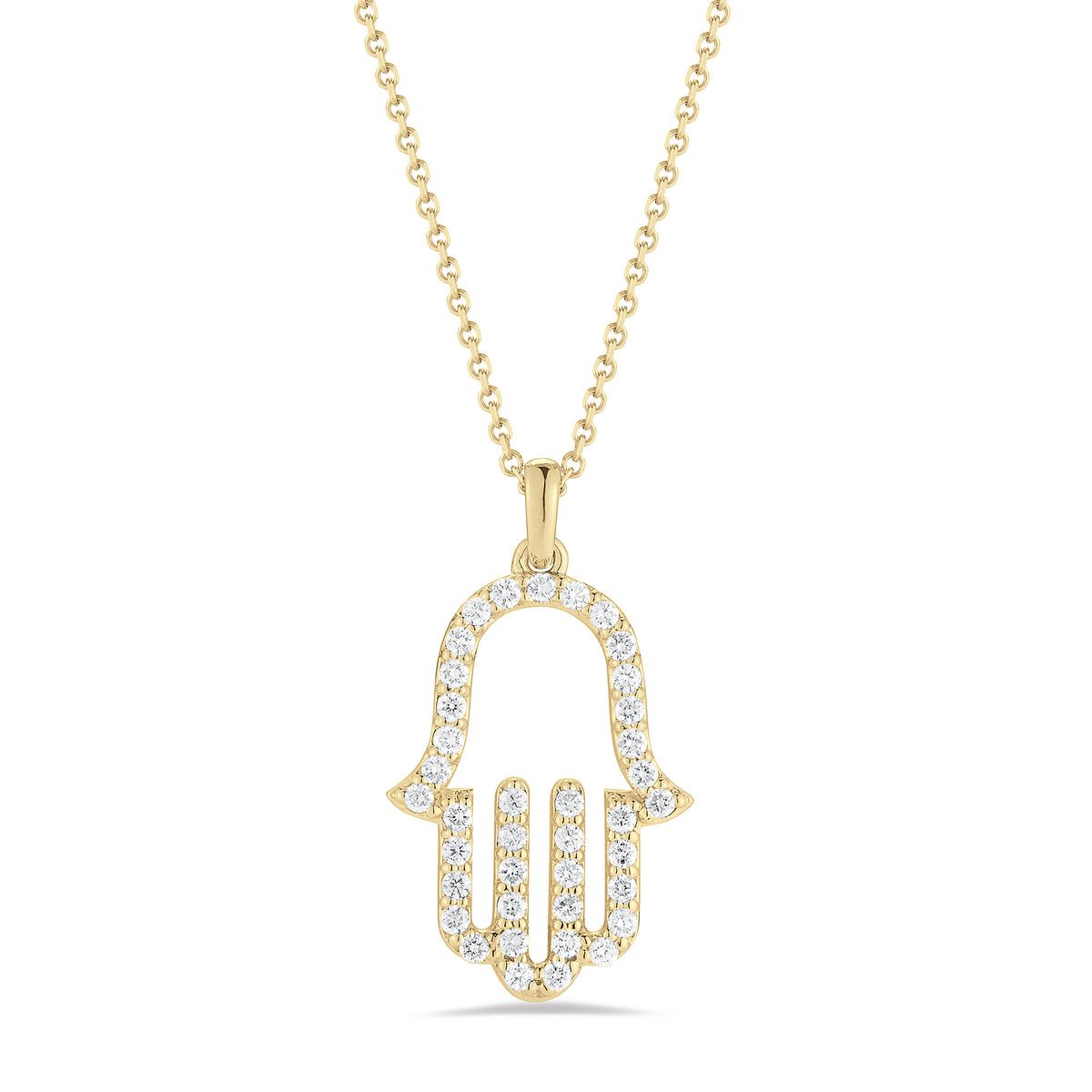 Diamond Hamsa Pendant Necklace     -14K gold weighing 3.5 grams  -39 round shared prong-set diamonds totaling 0.40 carats